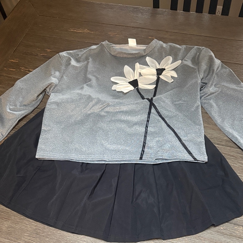 Gray Floral Long Sleeve Top with Black Skirt